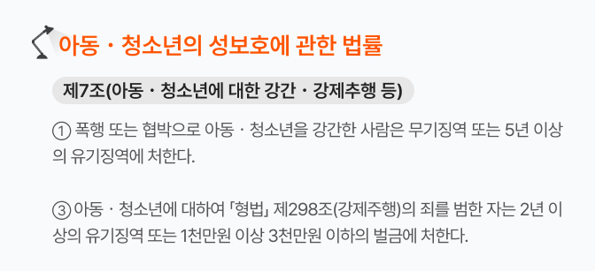 폭행 또는 협박으로 아동, 청소년을 강간한 사람은 무기징역 또는 5년 이상의 유기징역에 처하며 강제추행한 자는 2년 이상의 유기징역 또는 1천만원 이상 3천만원 이하의 벌금