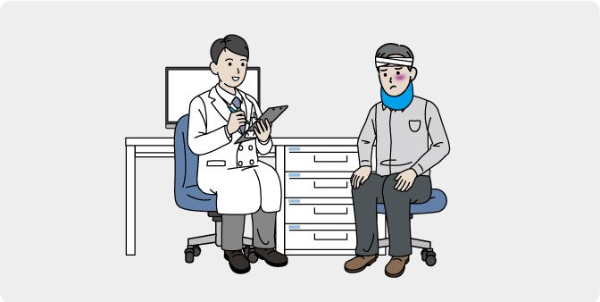 진찰 중인 의사와 머리에 붕대를 감고 목에 깁스를 한 채 앉아 있는 상해 피해자 이미지