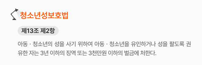 청소년성보호법_제13조제2항 아동·청소년의 성을 사기 위해 유인하거나 권유한 자는 3년 이하의 징역 또는 3천만원 이하의 벌금.